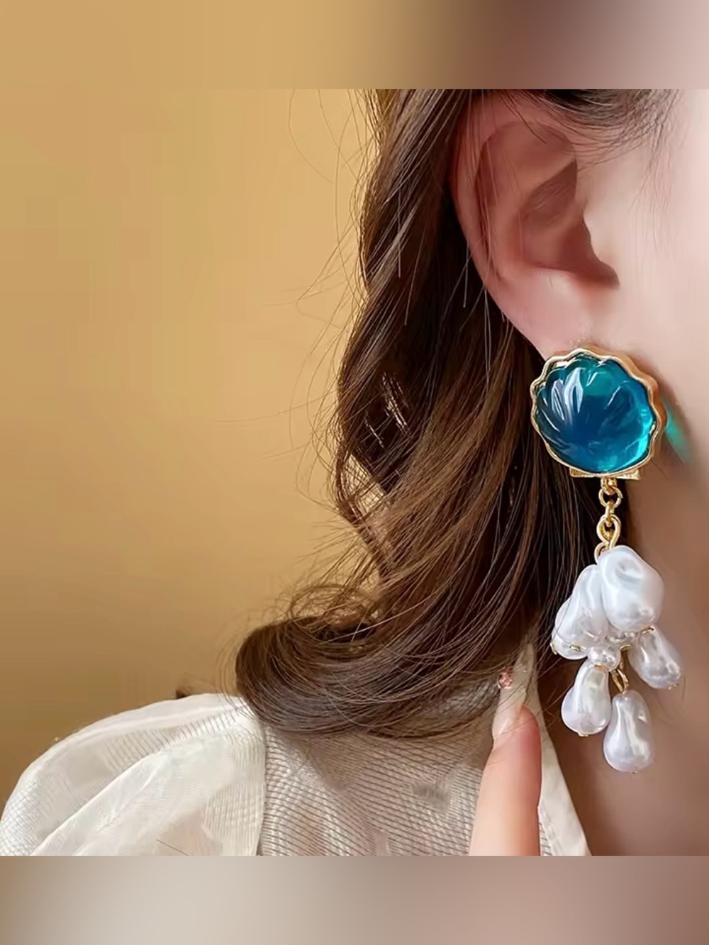 Blue stud Floral Pearl Drop tassel Earrings - Elegant Women’s Jewelry